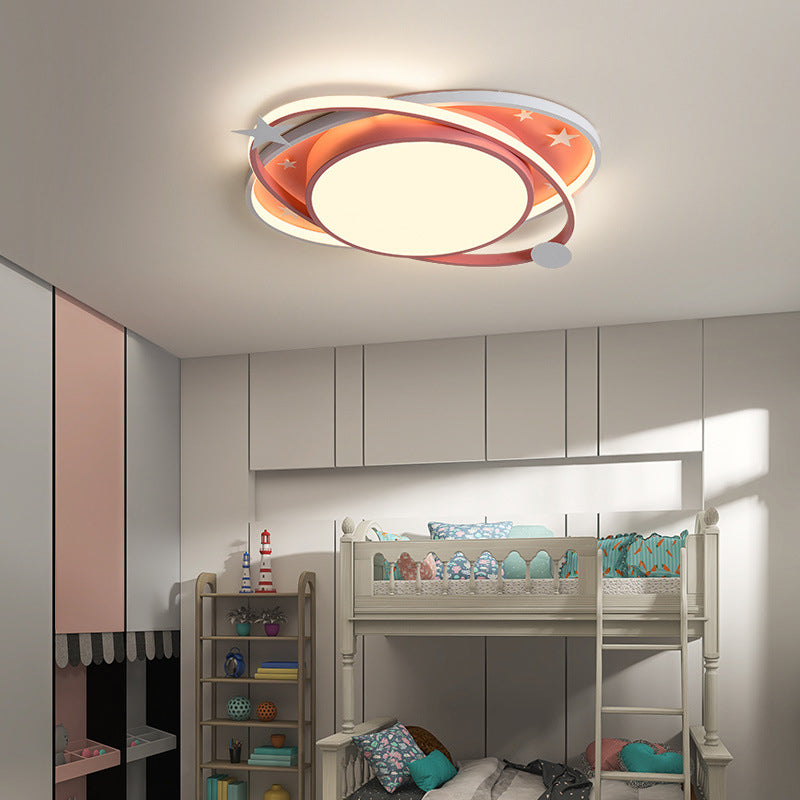 Nordic Metal Flush Mount Light Fixture Saturn Flush Mount Spotlight with White Acrylic Shade for Kids Bedroom