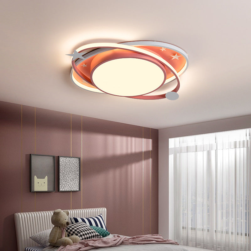 Nordic Metal Flush Mount Light Fixture Saturn Flush Mount Spotlight with White Acrylic Shade for Kids Bedroom