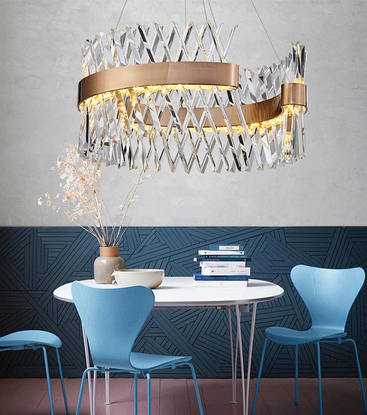 Simple Geometric Chandelier K9 Strip Crystal Dining Room LED Suspension Lighting in Rose Gold