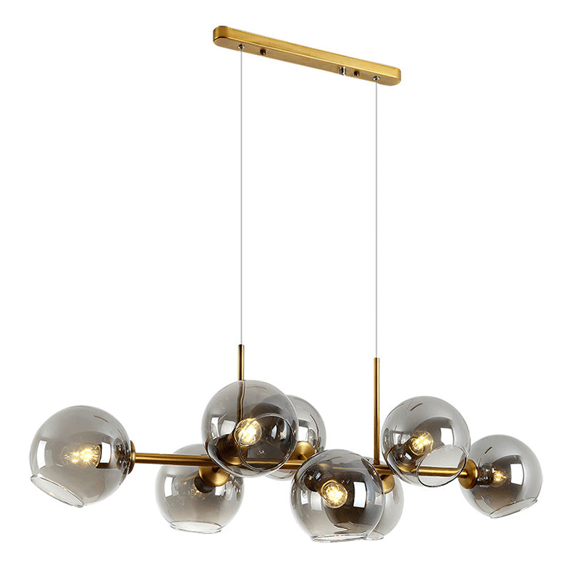 8 Light Mid-Century Gold Metal Island Pendant Lighting Spherical Glass Island Ceiling Light for Dining Table