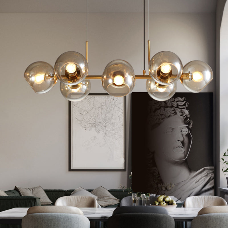 8 luce in metallo oro di mezza secolo, illuminazione a sospensione a sospensione sferica a soffitto isola vetro per tavolo da pranzo