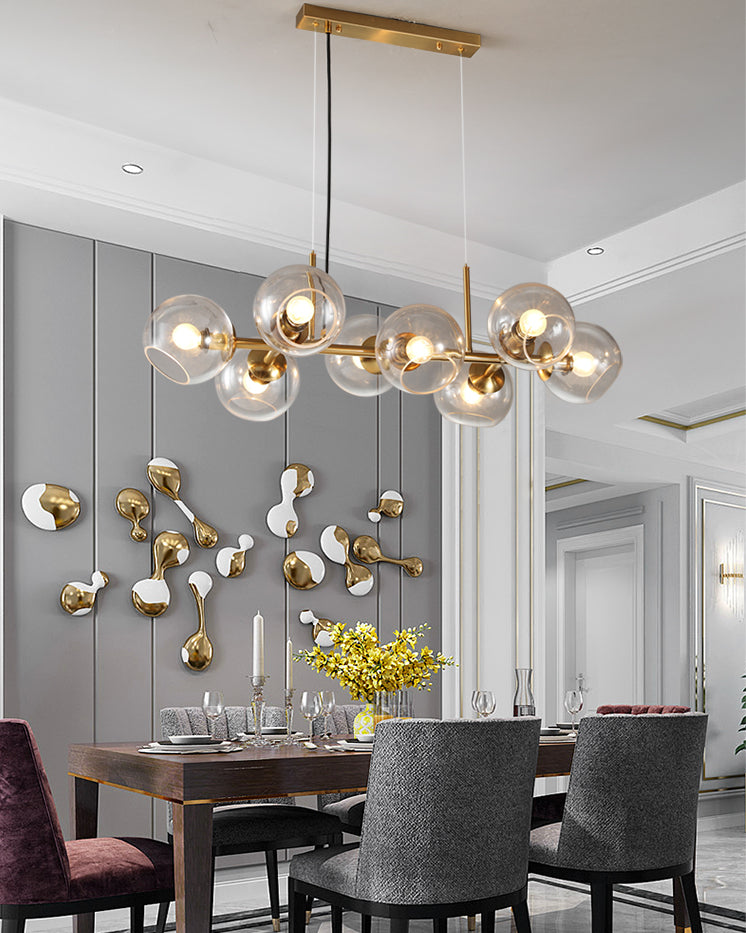 8 Light Mid-Century Gold Metal Island Pendant Lighting Spherical Glass Island Ceiling Light for Dining Table