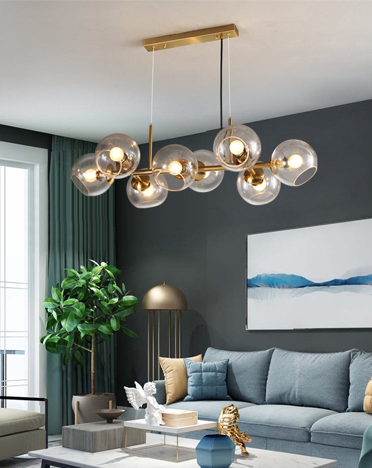 8 Light Mid-Century Gold Metal Island Pendants Lighting Light Spherical Glass Island Plafond Light for Dining Table