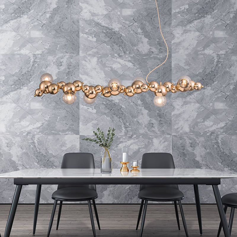Mid-Century Modern Gold Metal Island Pendant Lighting Spherical Glass Island Ceiling Light for Dining Table