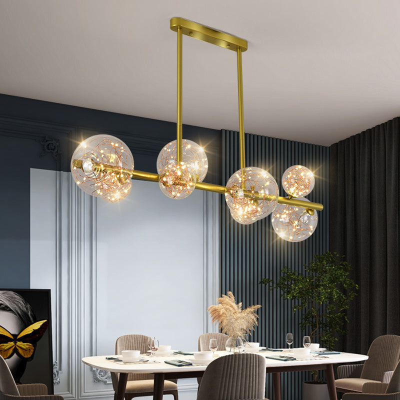 Mid-Century Gold Island Pendant Lighting Spherical Clear Glass Island Ceiling Light for Dining Table