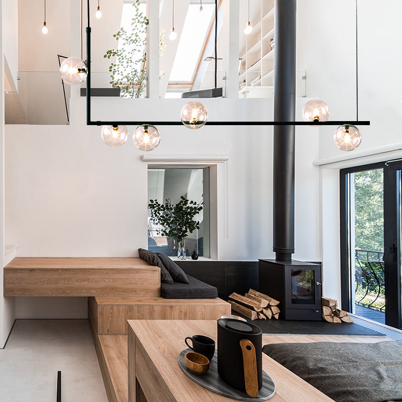 Modern Minimalism Black Linear Island Pendant Lighting Sphere Glass 6 Light Island Ceiling Light for Living Room