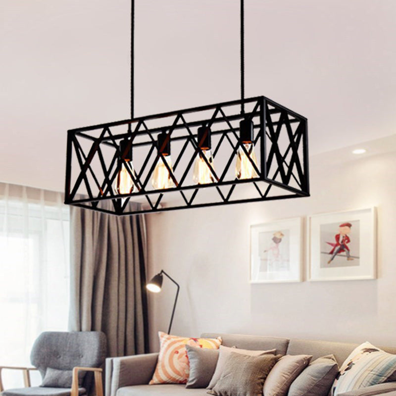 Black Industrial Island Pendant Lighting Cross Framed Box Iron Island Ceiling Light for Dining Table