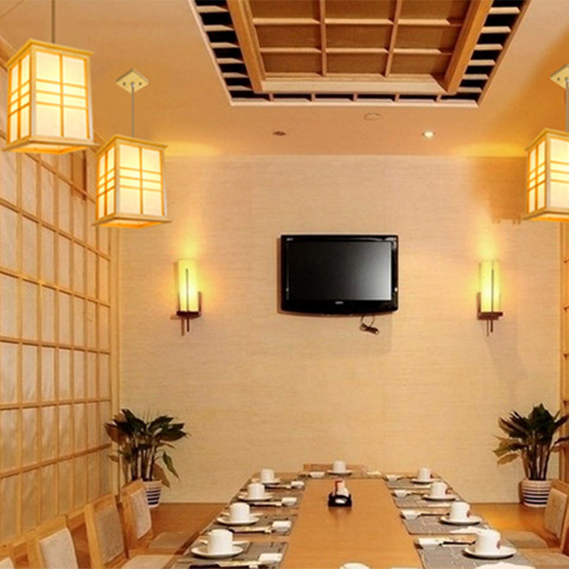Natural Wood 1 Light Hanging Light Japanese Rectangle Pendant Ceiling Light for Restaurant