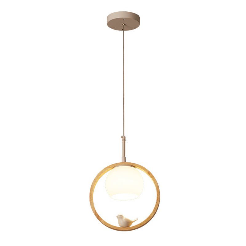 1 Luz de colgante ligero Lámpara de colgante de madera natural redonda contemporánea con pájaro pequeño