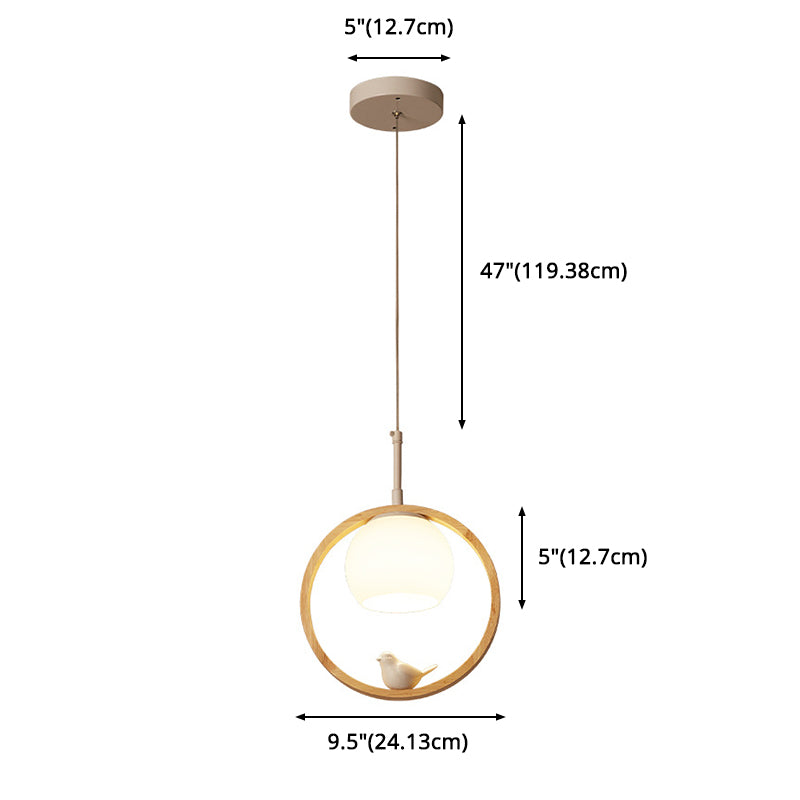1 Luz de colgante ligero Lámpara de colgante de madera natural redonda contemporánea con pájaro pequeño
