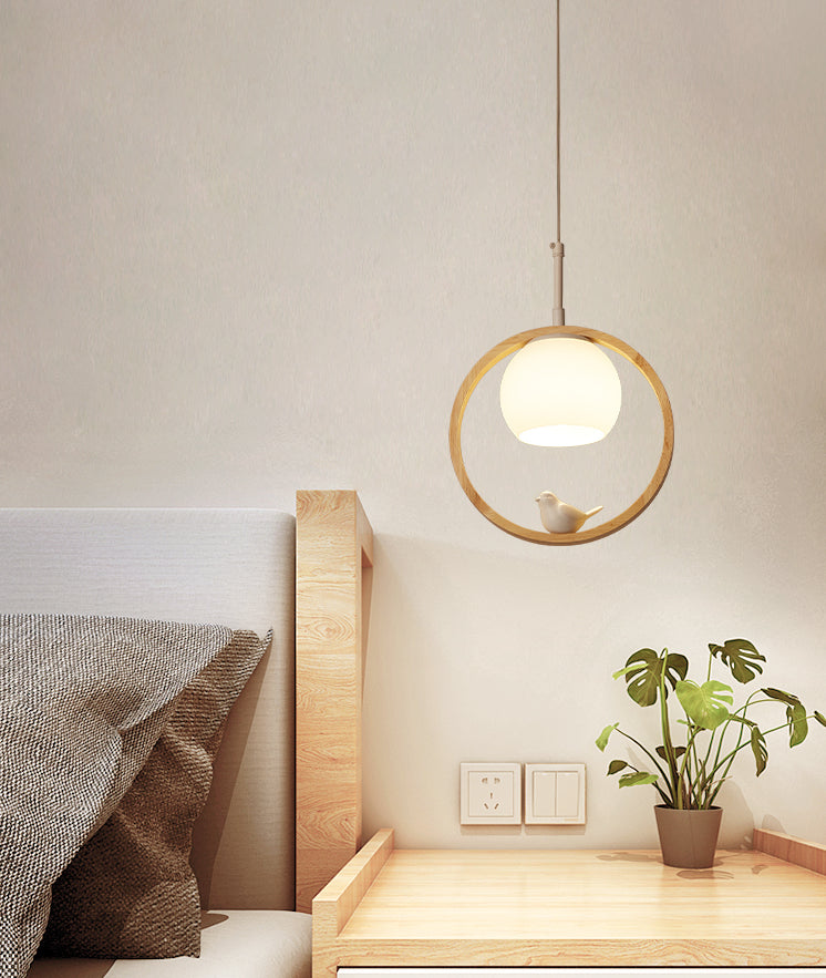 1 Luz de colgante ligero Lámpara de colgante de madera natural redonda contemporánea con pájaro pequeño