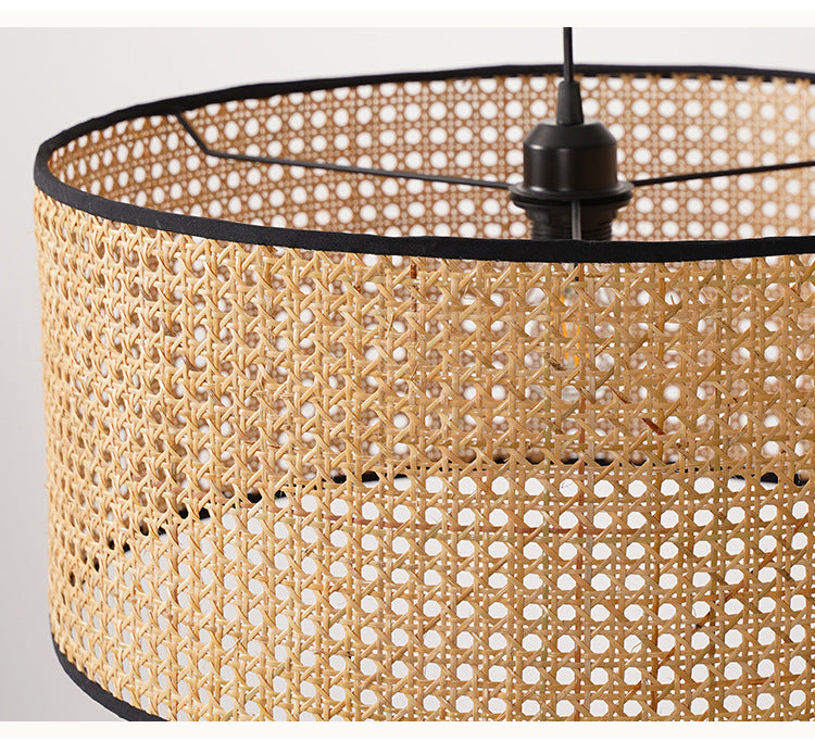Drum Rattan Schatten Anhänger Hanging Lamp Asia Style 1 Licht hängende Deckenleuchte im Beige für Wohnzimmer