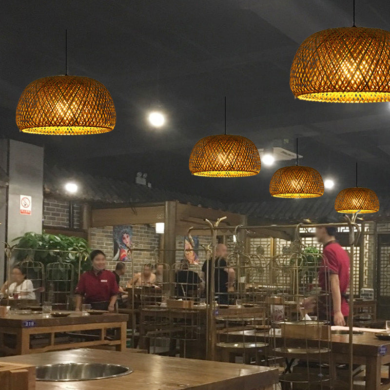 Double walled Hanging Lamp Kit Asian Bamboo 1-Light Beige Hanging Pendant for Restaurant