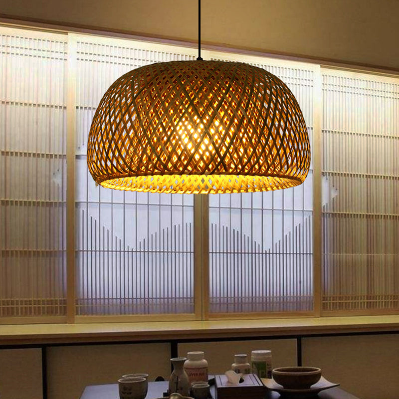 Double walled Hanging Lamp Kit Asian Bamboo 1-Light Beige Hanging Pendant for Restaurant