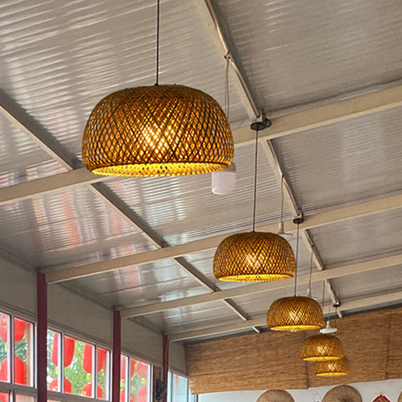 Double walled Hanging Lamp Kit Asian Bamboo 1-Light Beige Hanging Pendant for Restaurant