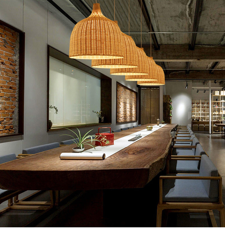 Handwoven Dome Pendant Light Fixture Chinese Bamboo Single Bulb Dining Table Ceiling Light in Beige