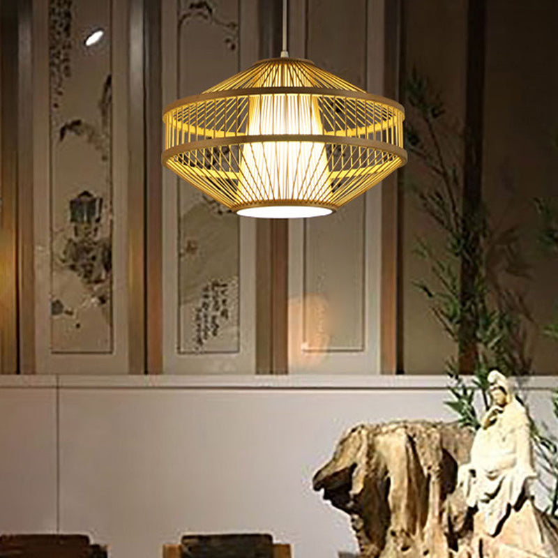 Globe Pendant Light Fixture Chinese Bamboo 1 Light Restaurant Hanging Lamp in Beige