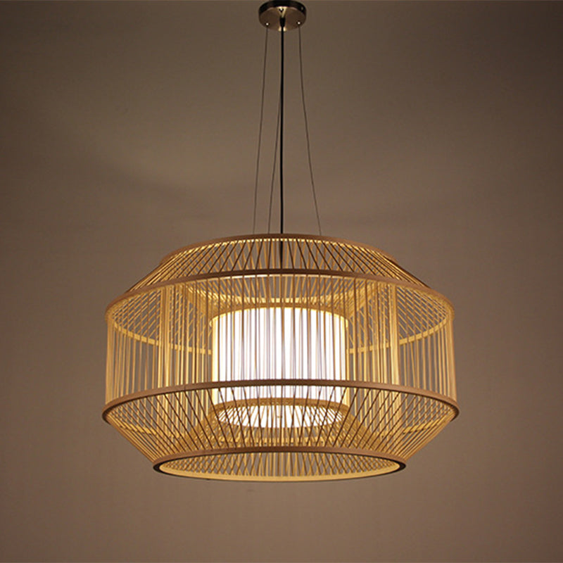 Beige Round Lantern Pendant Chinese Style 1 Bulb Bamboo Hanging Light for Dining Table