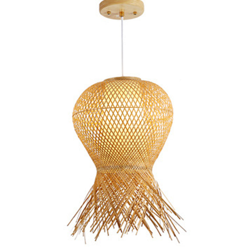 Beige Hand-Woven Pendant Chinese Style 1 Bulb Bamboo Hanging Light for Dining Table