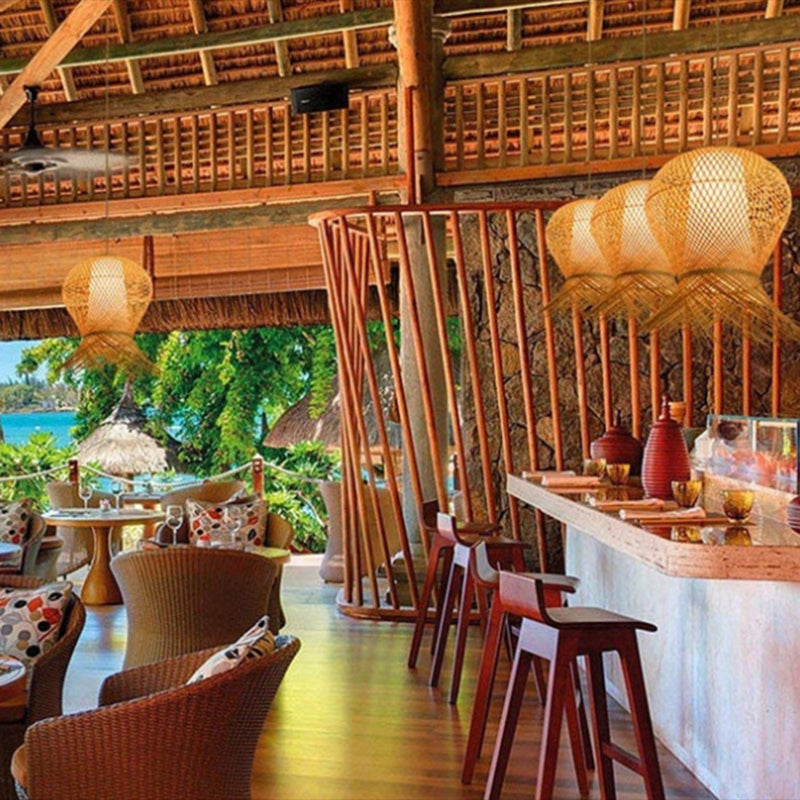 Beige Hand-Woven Pendant Chinese Style 1 Bulb Bamboo Hanging Light for Dining Table