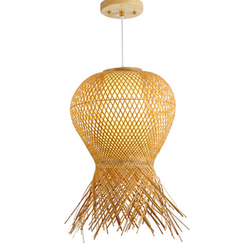Beige Hand-Woven Pendant Chinese Style 1 Bulb Bamboo Hanging Light for Dining Table