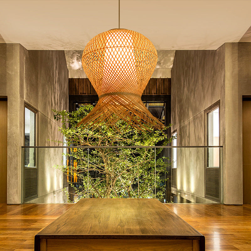 Beige Hand-Woven Pendant Chinese Style 1 Bulb Bamboo Hanging Light for Dining Table