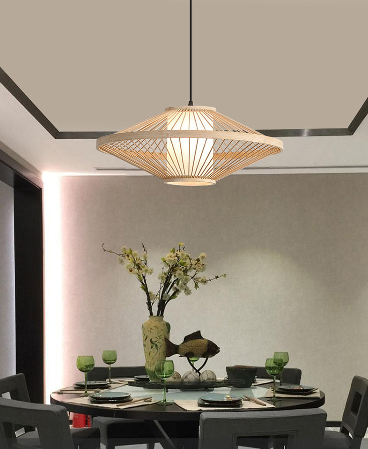 Flying Saucer Pendant Light Fixture Chinese Bamboo 1 Light Restaurant Suspension Pendant