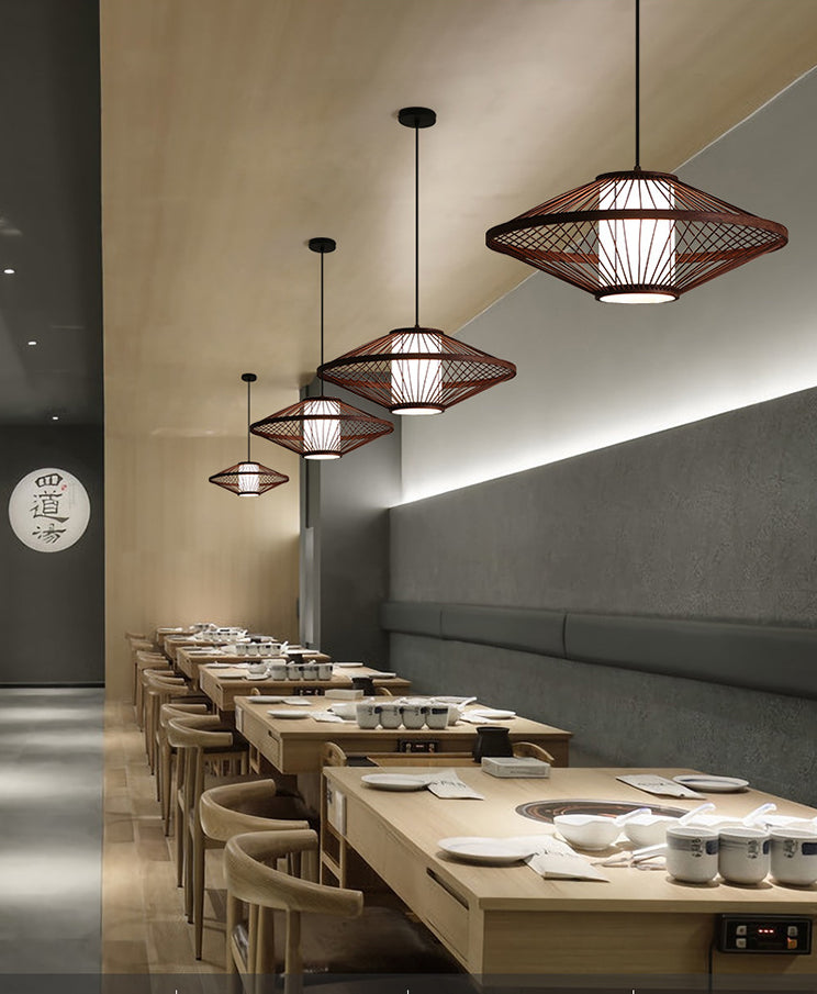 Flying Saucer Pendant Light Fixture Chinese Bamboo 1 Light Restaurant Suspension Pendant