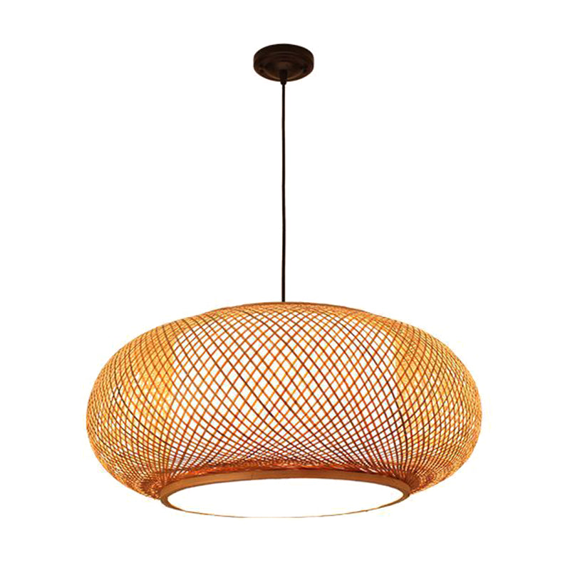 Chinese Round Lantern Ceiling Light Beige Bamboo 1 Light Restaurant Hanging Pendant Lighting