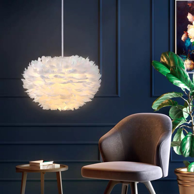 White Feather Pendant Lighting Modern Nordic Creative Globe Hanging Ceiling Light for Bedroom