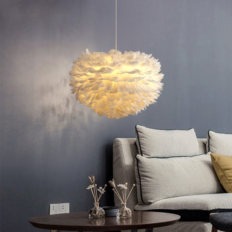 Art Deco White Feather Pendant Lighting Modern Nordic Creative Globe Hanging Ceiling Light for Bedroom