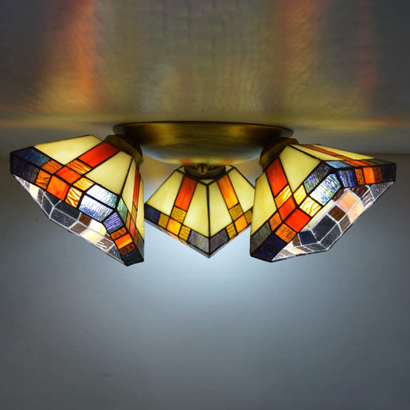 3 Heads Ceiling Flush Light Fixture Tiffany Small Stained Glass Flush Mount Lighting for Hall