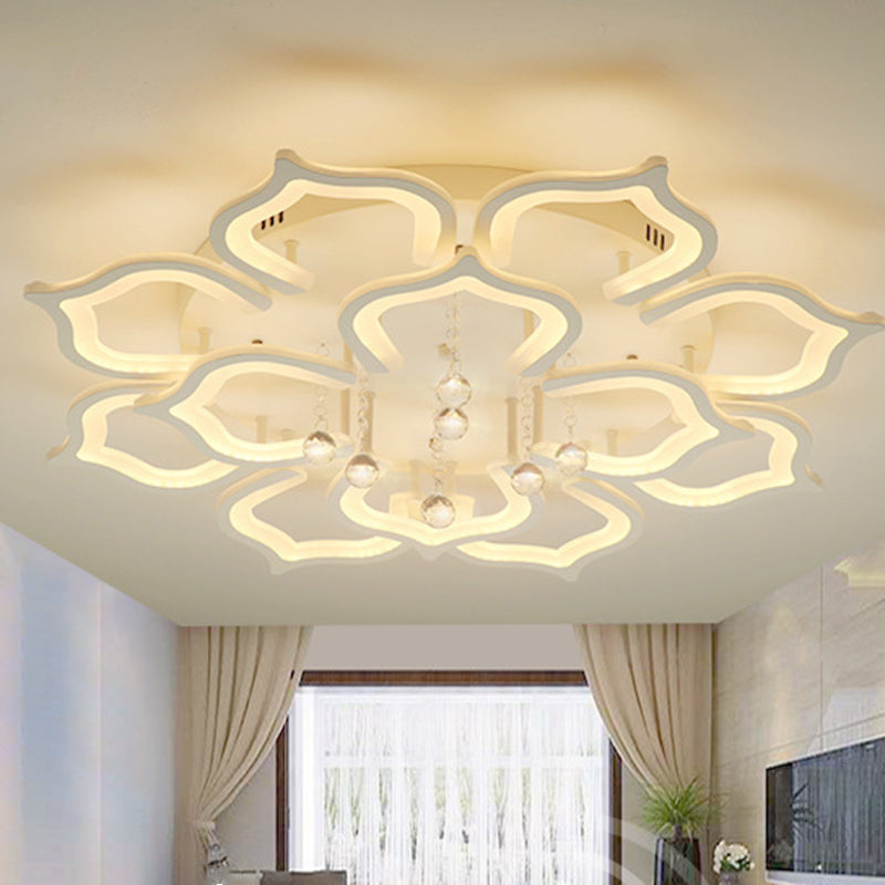 White Lotus Flush Ceiling Light Modernity LED Acrylic Semi Flush Mount with Crystal Decor