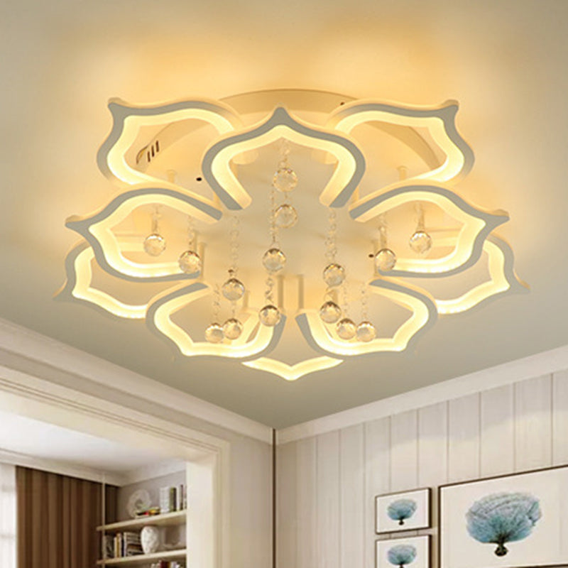 White Lotus Flush Ceiling Light Modernity LED Acrylic Semi Flush Mount with Crystal Decor