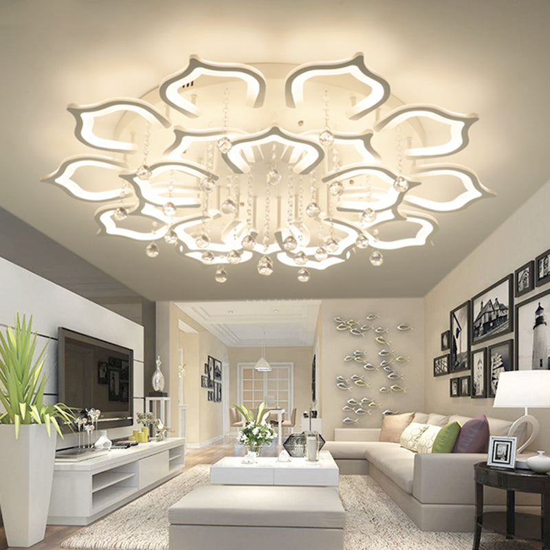 White Lotus Flush Ceiling Light Modernity LED Acrylic Semi Flush Mount with Crystal Decor