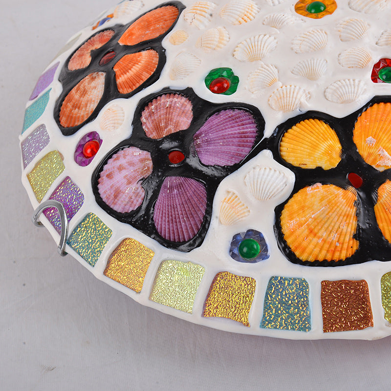 Stained Glass Flush Mount Lamp Tiffany Multicolored Dome Shaped Child Room Ceiling Light with Shells