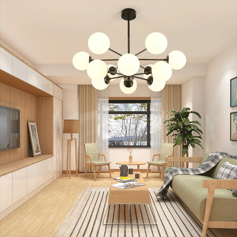 Black Metal Hanging Chandelier Light Modern Opal Glass Shade Ceiling Chandelier for Living Room