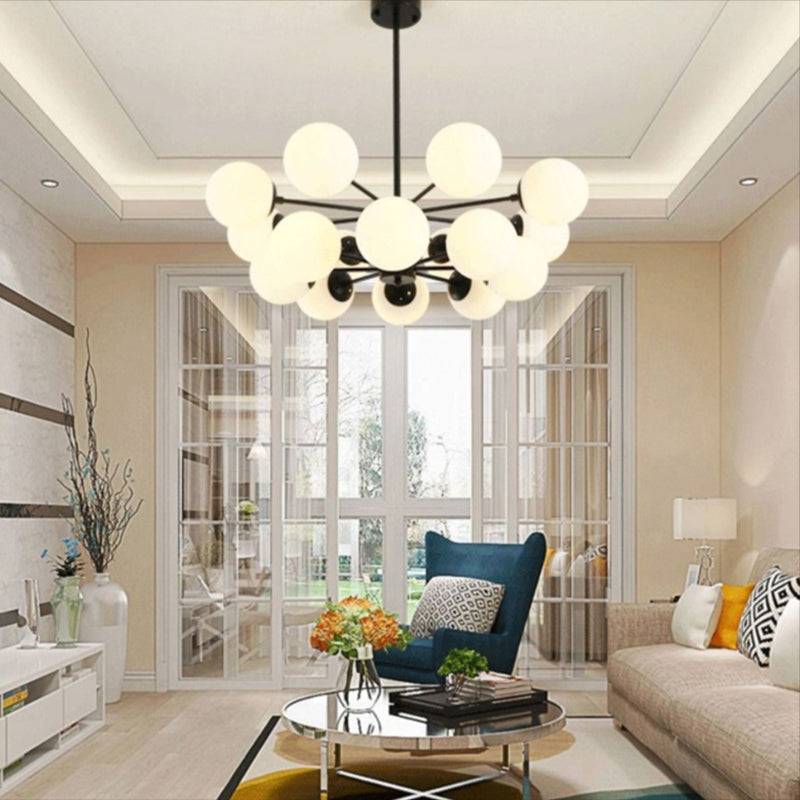 Black Metal Hanging Chandelier Light Modern Opal Glass Shade Ceiling Chandelier for Living Room