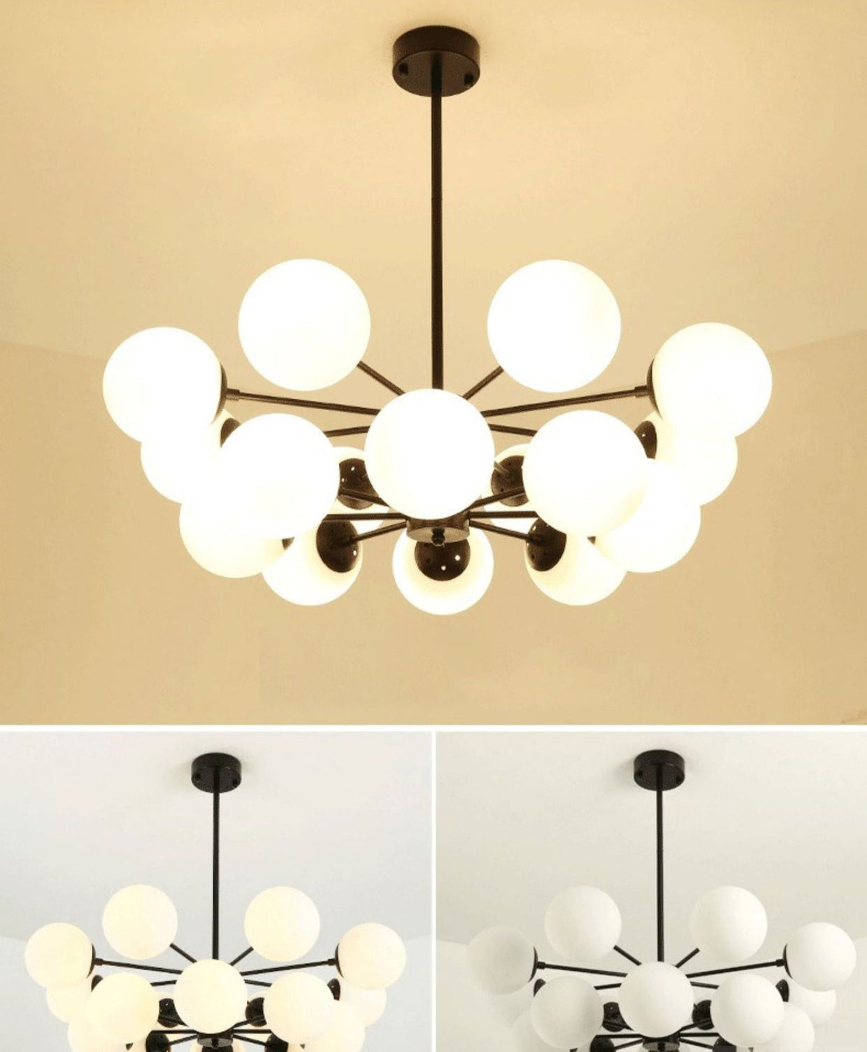 Black Metal Hanging Chandelier Light Modern Opal Glass Shade Ceiling Chandelier for Living Room
