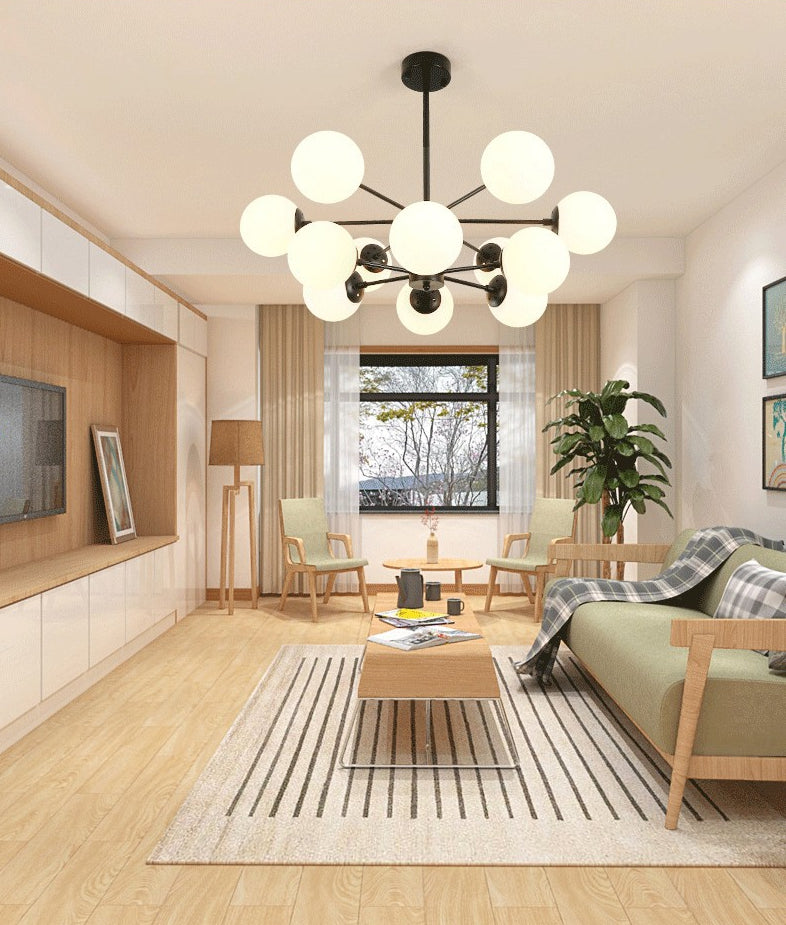 Black Metal Hanging Chandelier Light Modern Opal Glass Shade Ceiling Chandelier for Living Room