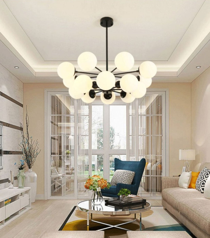 Black Metal Hanging Chandelier Light Modern Opal Glass Shade Ceiling Chandelier for Living Room