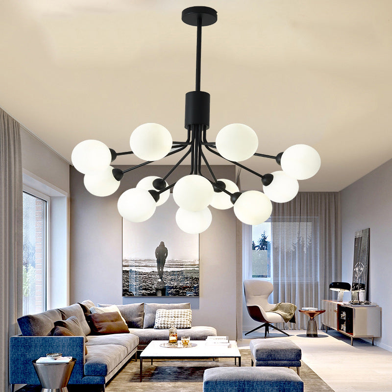 Black Metal Hanging Chandelier Light Modern Opal Glass Shade Ceiling Chandelier for Living Room