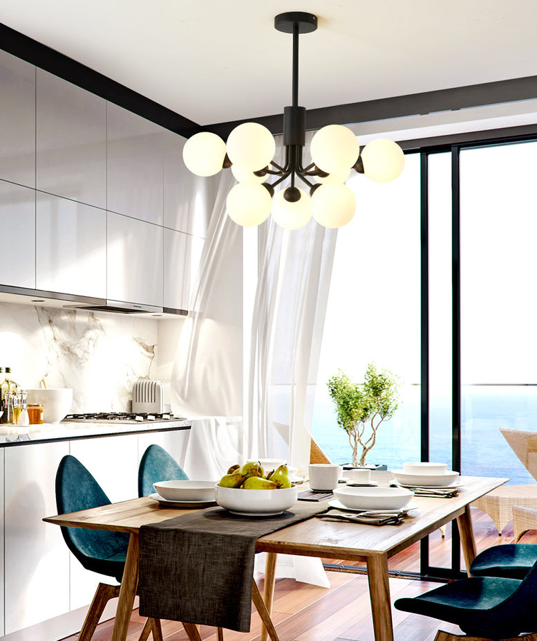 Black Metal Hanging Chandelier Light Modern Opal Glass Shade Ceiling Chandelier for Living Room