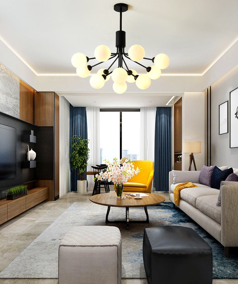 Black Metal Hanging Chandelier Light Modern Opal Glass Shade Ceiling Chandelier for Living Room