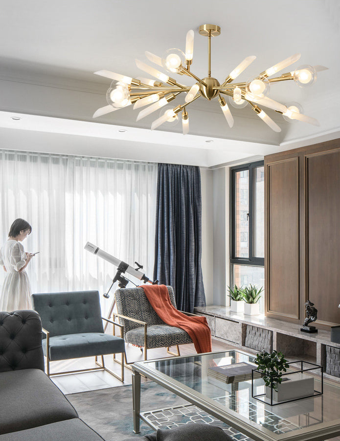 Post-Modern Metal Starburst Hanging Chandelier Light Glass Shade Ceiling Chandelier for Living Room