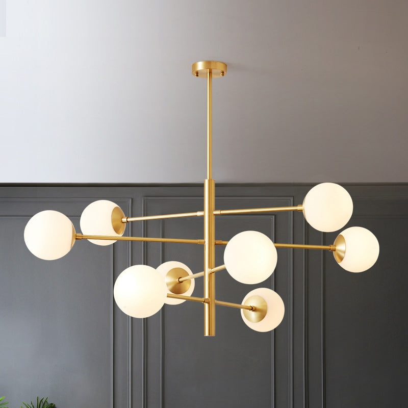 Post-Modern Hanging Chandelier Light Satin Opal Glass Ceiling Chandelier in Gold for Living Room