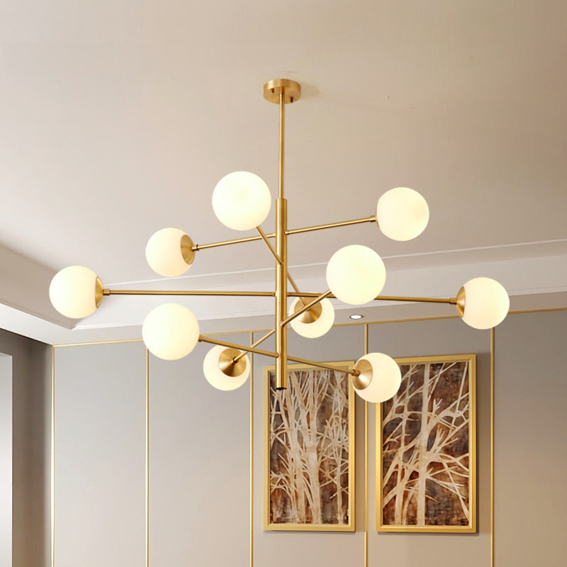 Post-Modern Hanging Chandelier Light Satin Opal Glass Ceiling Chandelier in Gold for Living Room