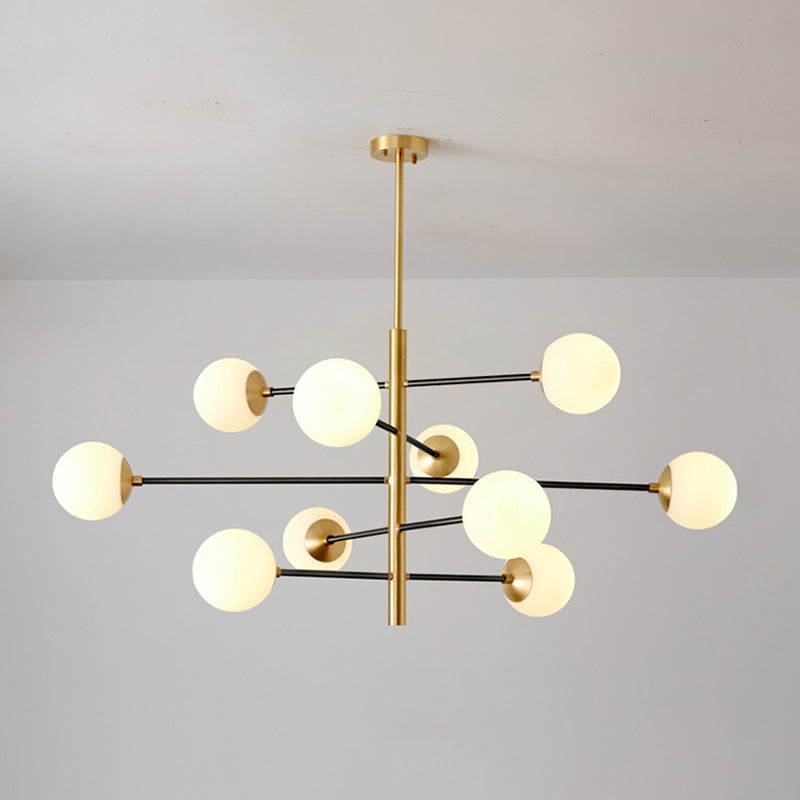 Post-Modern Hanging Chandelier Light Satin Opal Glass Ceiling Chandelier in Gold for Living Room