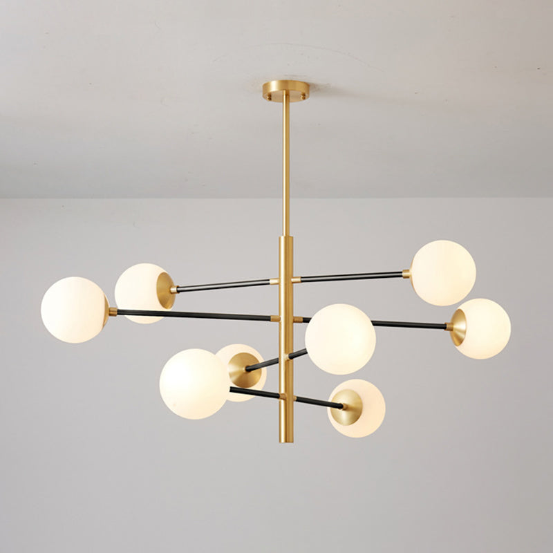 Post-Modern Hanging Chandelier Light Satin Opal Glass Ceiling Chandelier in Gold for Living Room