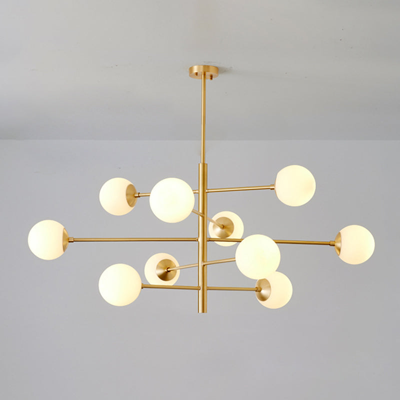 Post-Modern Hanging Chandelier Light Satin Opal Glass Ceiling Chandelier in Gold for Living Room